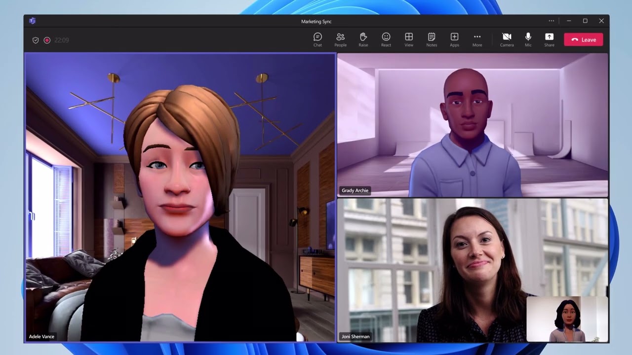 Microsoft Teams meeting showing two avatar participants and one video participant