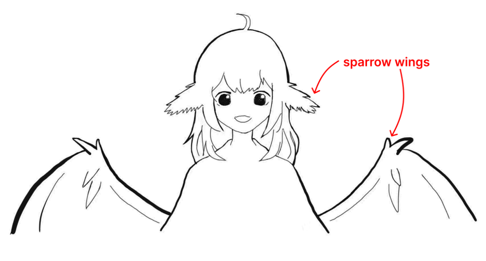 Black-and-white researcher sketch of a VTuber character with small wings marked by a red annotation